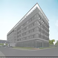 Modern Hospital Building Exterior With Glass Facade Palm Trees And Pedestrians