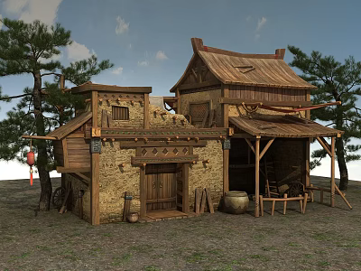 Traditional Ancient Style Building With Wooden Structure Tiled Roof And Stone Walls 3d model