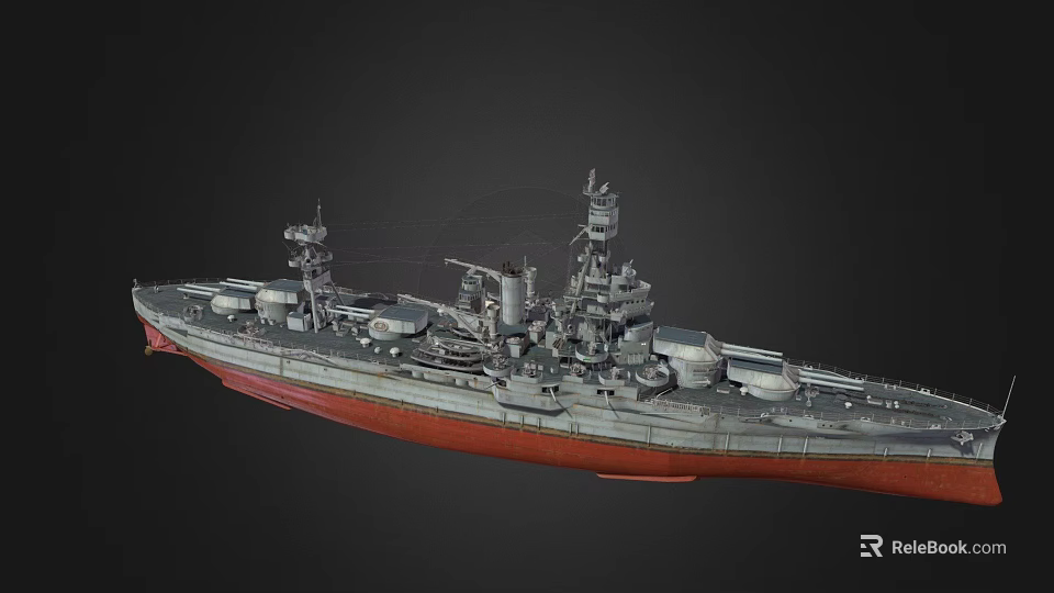 Detailed Large Scale Battleship Model Featuring Gray Hull Red Bottom Tall Superstructure And Multiple Turrets 3d model 