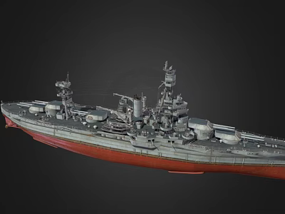 Detailed Large Scale Battleship Model Featuring Gray Hull Red Bottom Tall Superstructure And Multiple Turrets 3d model