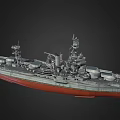 Detailed Large Scale Battleship Model Featuring Gray Hull Red Bottom Tall Superstructure And Multiple Turrets 3d model