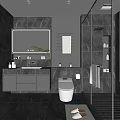 Modern Bathroom Interior With Large Mirror Vanity Gray Cabinets White Toilet And Glass Shower