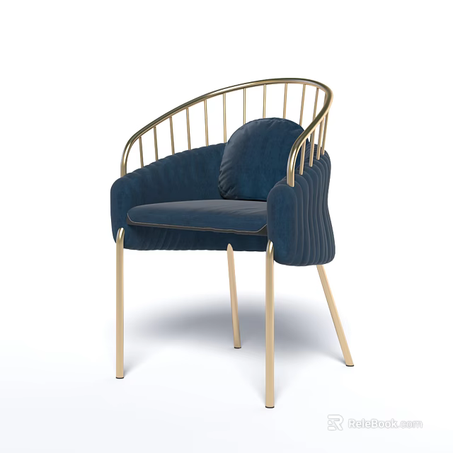 Navy Blue Velvet Leisure Chair With Gold Metal Frame And Curved Backrest 3d model 