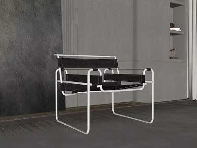Modern Leisure Chair With White Metal Frame Black Cushion And Armrest In Minimalist Interior 3d model