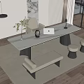Modern Minimalist Desk With White Top Black Legs Laptop Lamp Plant Chair And Stools