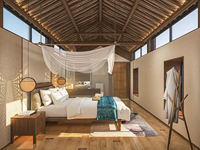 Cozy Hotel Room with wooden roof hanging white canopy wooden flooring and natural light 3d model