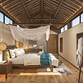 Cozy Hotel Room with wooden roof hanging white canopy wooden flooring and natural light