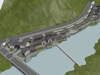Scenic Waterfront Commercial Street with Traditional Style Buildings Hills and River 3d model
