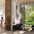 Modern Clubhouse With Wooden Slat Partitions Dining Area People Sitting And Greenery Outside