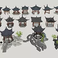 Traditional Chinese Garden Pavilions With Curved Wooden Roofs And Stone Landscape Elements