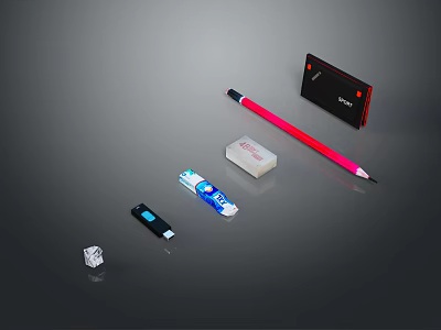 Essential Office Supplies Collection Including Pencil Eraser USB Drive And Notebook 3d model
