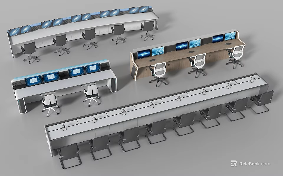 Office Desk Chair Set With Long Tables White Chairs And Blue Screens In Control Room 3d model 