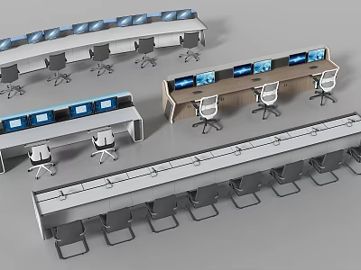 Office Desk Chair Set With Long Tables White Chairs And Blue Screens In Control Room 3d model