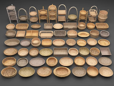 Handwoven Baskets And Trays In Various Shapes For Home Decor 3d model