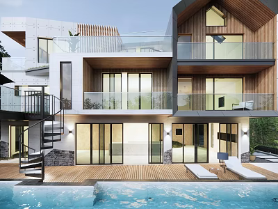 Modern Detached Villa With Large Glass Windows Balconies Wooden Deck And Swimming Pool 3d model