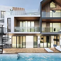 Modern Detached Villa With Large Glass Windows Balconies Wooden Deck And Swimming Pool