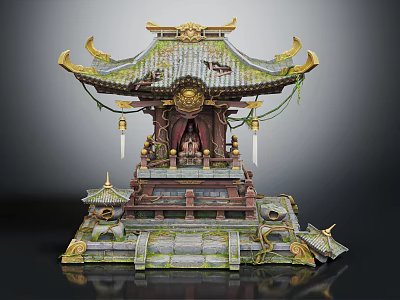 Cartoon Scene Of Traditional Oriental Temple With Green Roof Golden Decorations Stone Steps And Small Pavilions 3d model