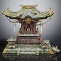 Cartoon Scene Of Traditional Oriental Temple With Green Roof Golden Decorations Stone Steps And Small Pavilions