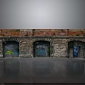Urban Vintage Building Facade With Red Brick Stone Arches Moss And Graffiti Art