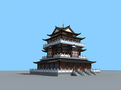 Ancient Chinese Architecture Traditional Multi story Tower With Ornate Overhanging Eaves And Staircase Platform 3d model
