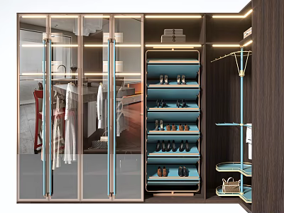 Modern Wardrobe Interior Design With Glass Doors Hanging Rods And Multi Layer Shoe Shelves 3d model