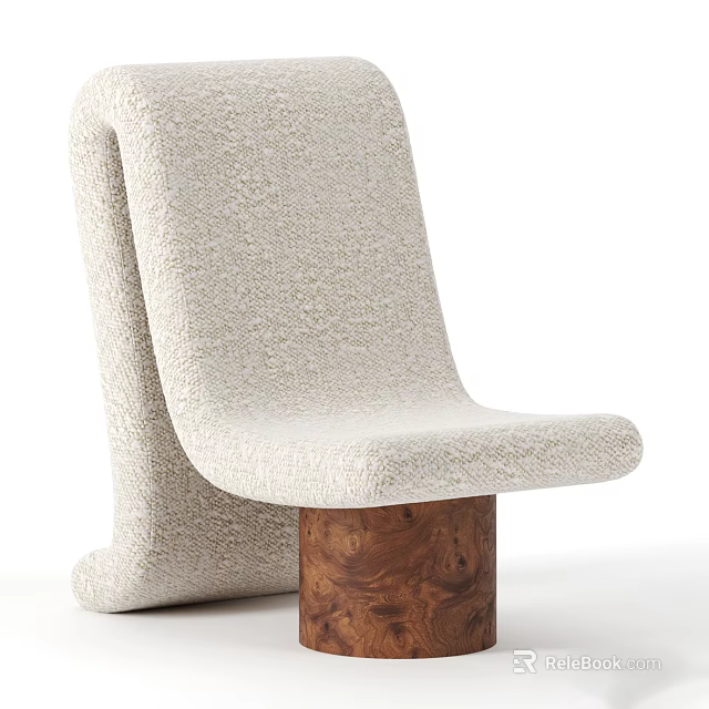Beige Bouclé Leisure Chair With Curved Backrest And Wooden Cylinder Base 3d model 