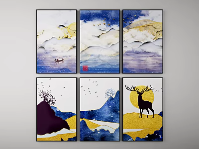 Six Panel Decorative Wall Art With Mountain Cloud Deer Sun And Modern Ink Style 3d model