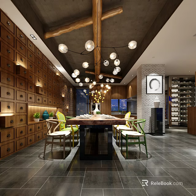 Restaurant Interior Design With Wooden Cabinets Pendant Lights Dining Table Brick Wall And Wine Rack 3d model 