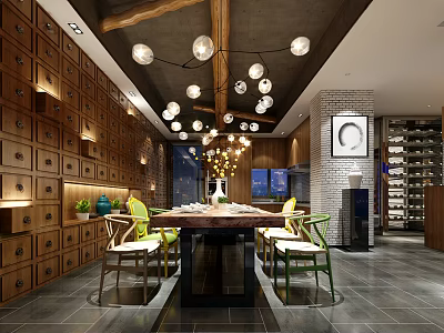 Restaurant Interior Design With Wooden Cabinets Pendant Lights Dining Table Brick Wall And Wine Rack 3d model