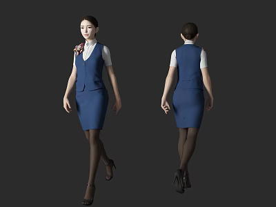 Woman In Blue Uniform Vest White Shirt Skirt Black Heels Stockings Front Back View 3d model