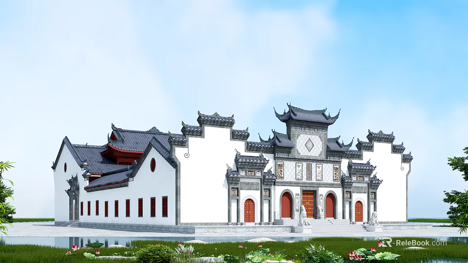 Traditional Chinese Ancient Architecture With White Walls Black Tiled Roofs Upturned Eaves And Red Doors 3d model 