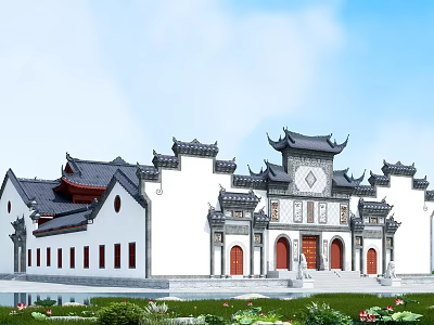 Traditional Chinese Ancient Architecture With White Walls Black Tiled Roofs Upturned Eaves And Red Doors 3d model