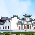 Traditional Chinese Ancient Architecture With White Walls Black Tiled Roofs Upturned Eaves And Red Doors