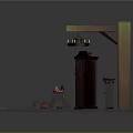 Cartoon Style Scene With Wooden Shelves Purple Path Items And Top Lantern Lighting