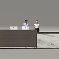 Modern Front Desk Reception With Wooden And Marble Counter Two Receptionists And Computers