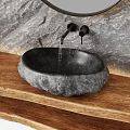 Rustic Modern Bathroom Vanity With Wooden Cabinet Round Mirror Stone Countertop And Stone Wall