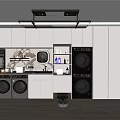 Home Balcony Laundry Area With Washing Machines Dryer White Cabinets And Marble Wall