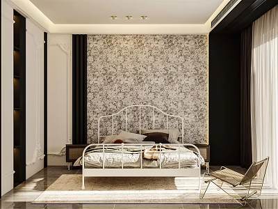 Modern Bedroom Interior With White Metal Bed Floral Wallpaper Dark Curtains And Accent Chair 3d model