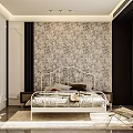 Modern Bedroom Interior With White Metal Bed Floral Wallpaper Dark Curtains And Accent Chair