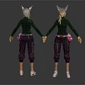 3D Fantasy Character Model with Horns Cat Ears Black Outfit Front Back View Details