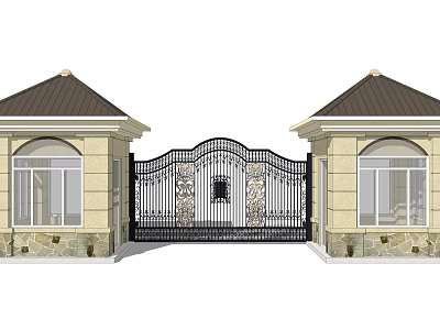 Ornate Iron Entrance Gate With Symmetrical Stone Pillars And Sloped Roof 3d model