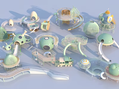 Fun Children's Playground Equipment With Slides Round Structures And Small Train 3d model