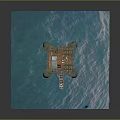 Offshore Oil Drilling Platform With Pillars Structure And Small Boat In Ocean Water