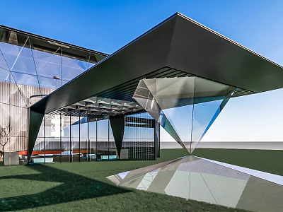 Modern Entrance Gate Design With Glass Curtain Wall Metal Structure And Sloped Canopy 3d model