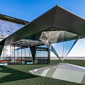 Modern Entrance Gate Design With Glass Curtain Wall Metal Structure And Sloped Canopy