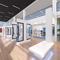 Modern Exhibition Hall Interior With Gray Door White Display Shelves Red Items And Blue Boards