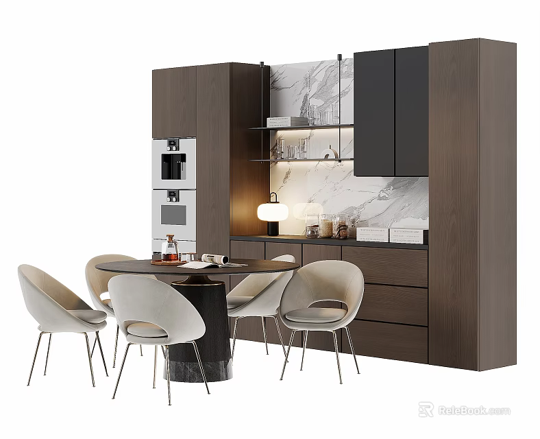 Modern Dining Table Set With Chairs Marble Countertop And Cabinets In Kitchen Interior 3d model