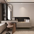 Elegant Modern Dressing Table Design With Round Mirror Beige Drawers And Chair