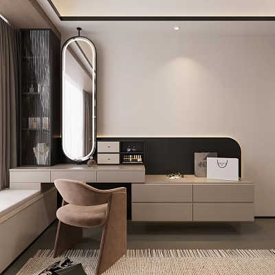 Elegant Modern Dressing Table Design With Round Mirror Beige Drawers And Chair 3d model