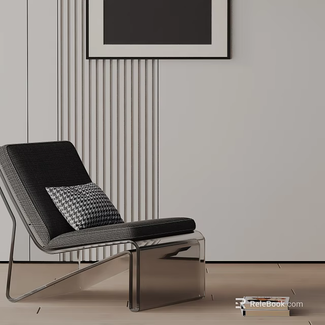 Modern Black Accent Chair With Plaid Pillow Metal Frame And Striped Wall Art 3d model 